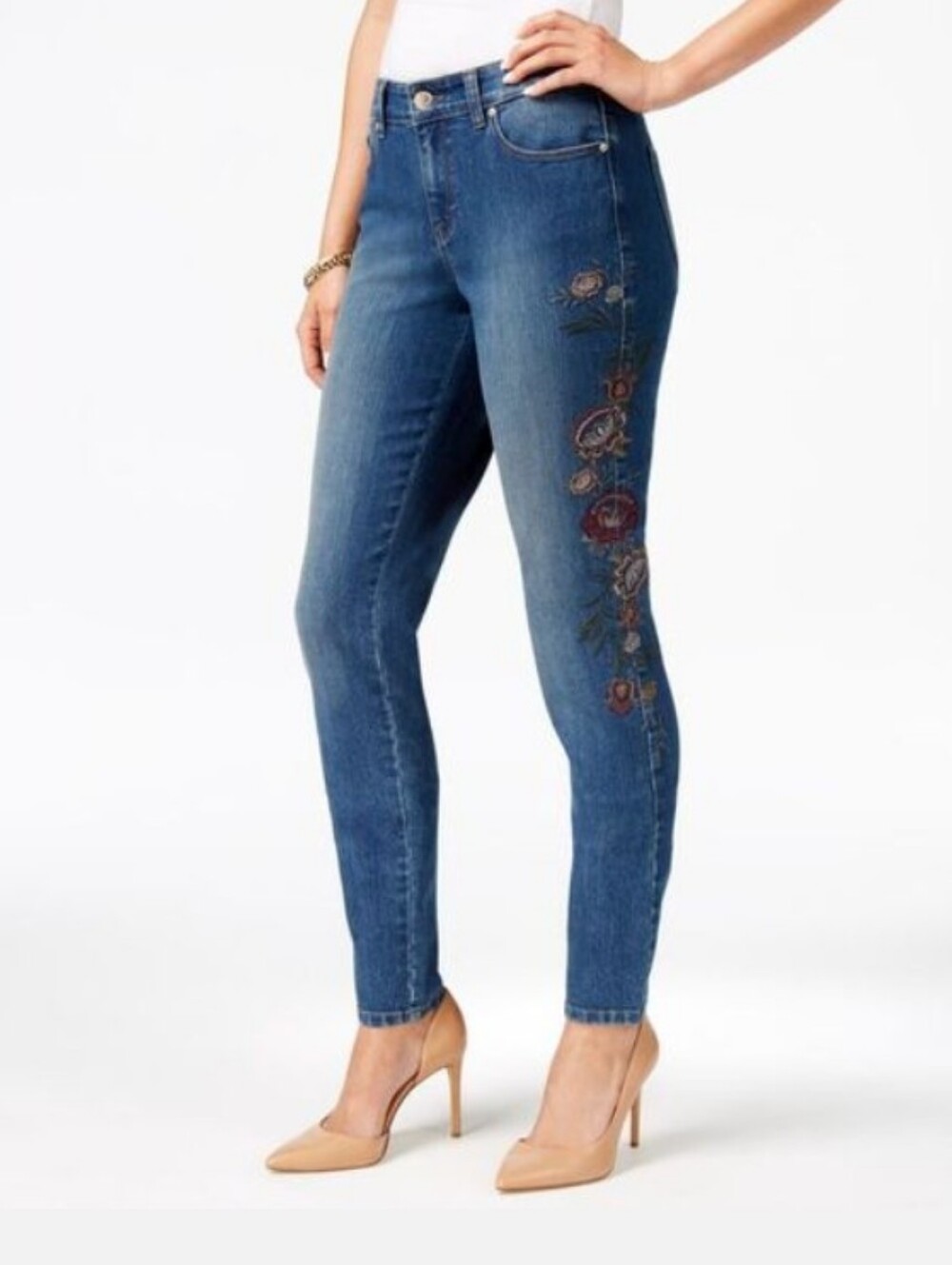 Embroidered Curvy Fit Mid Rise Skinny Leg Jeans by Style & Co Sz 14 NWT